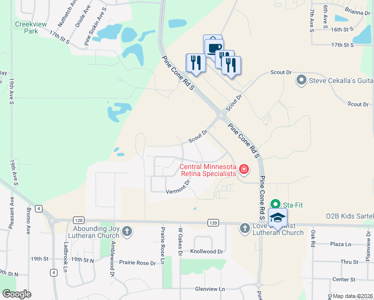map of restaurants, bars, coffee shops, grocery stores, and more near 2120 Utah Road in Sartell