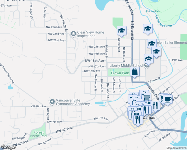 map of restaurants, bars, coffee shops, grocery stores, and more near 1533 Northwest Benton Street in Camas
