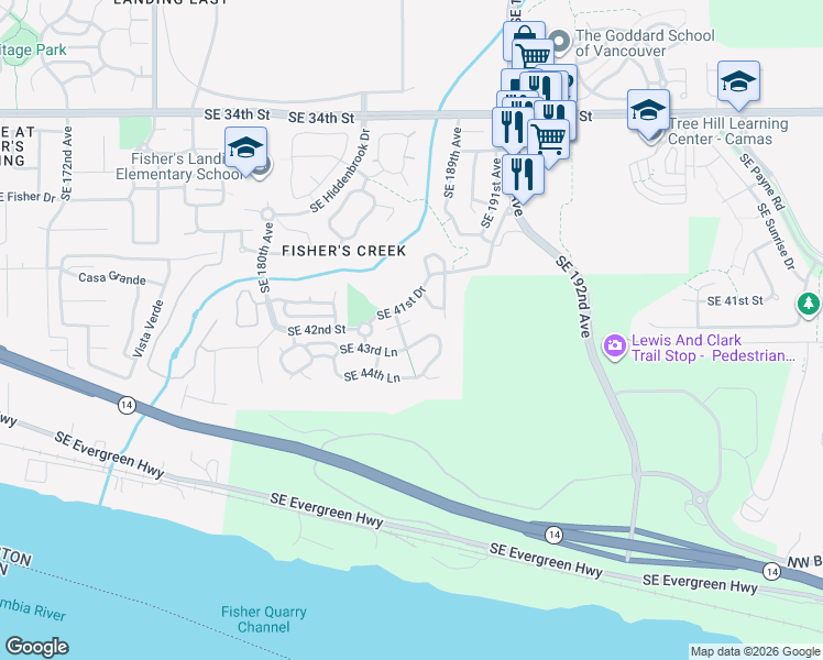 map of restaurants, bars, coffee shops, grocery stores, and more near 18500 Southeast 42nd Circle in Vancouver