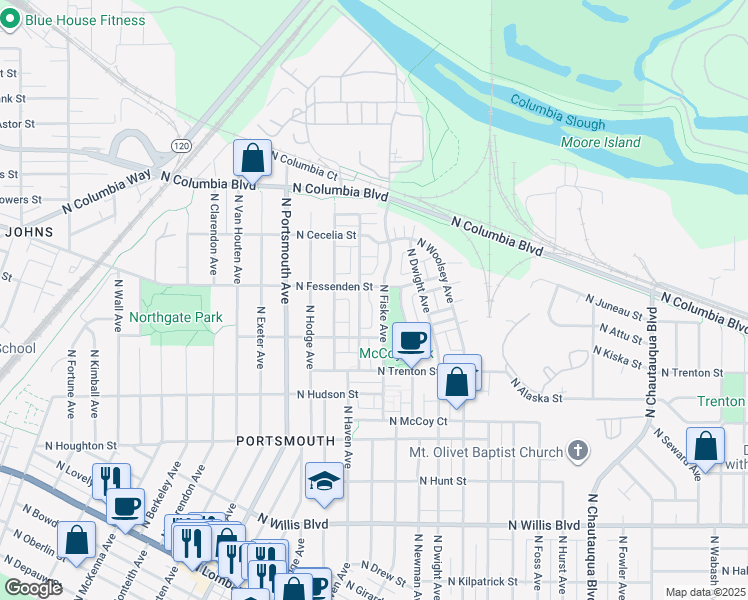 map of restaurants, bars, coffee shops, grocery stores, and more near 5004 North Fessenden Street in Portland
