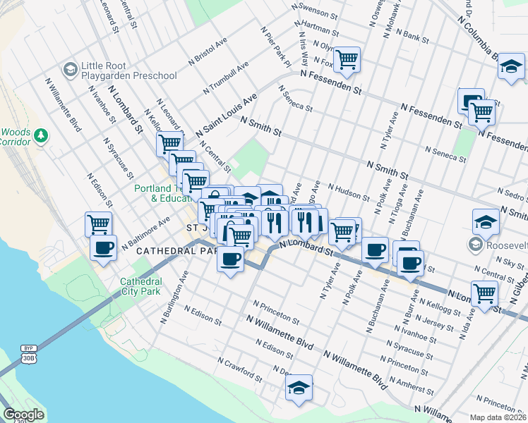 map of restaurants, bars, coffee shops, grocery stores, and more near 8031 North Charleston Avenue in Portland