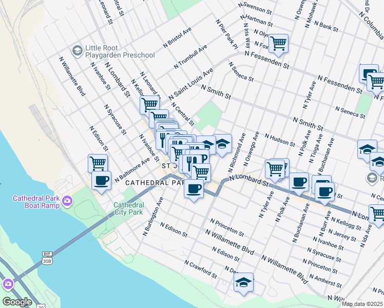 map of restaurants, bars, coffee shops, grocery stores, and more near 7518 North Burlington Avenue in Portland
