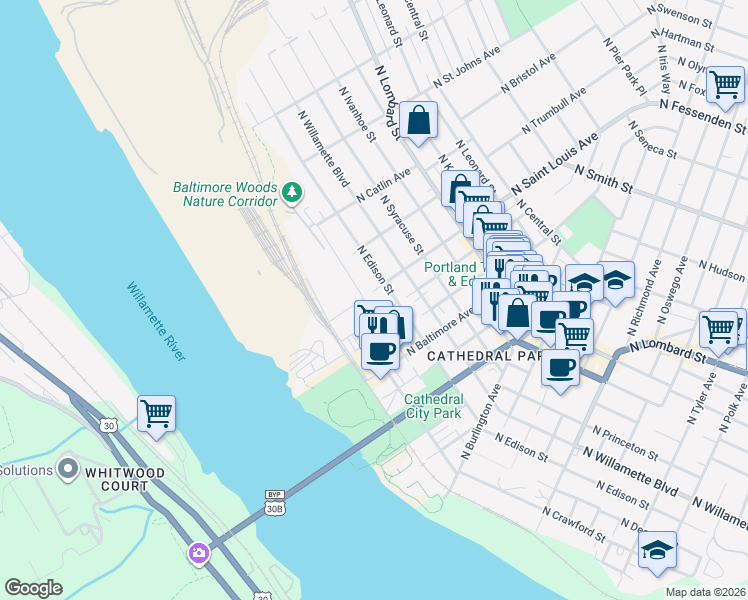 map of restaurants, bars, coffee shops, grocery stores, and more near 6814 North Saint Louis Avenue in Portland