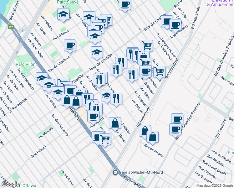 map of restaurants, bars, coffee shops, grocery stores, and more near 10585 Avenue Armand Lavergne in Montreal