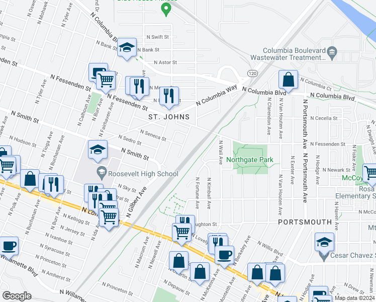 map of restaurants, bars, coffee shops, grocery stores, and more near 9334 North Macrum Avenue in Portland