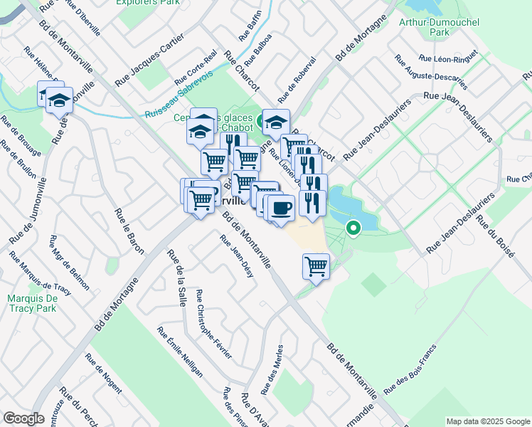 map of restaurants, bars, coffee shops, grocery stores, and more near 1001 Boulevard de Montarville in Boucherville