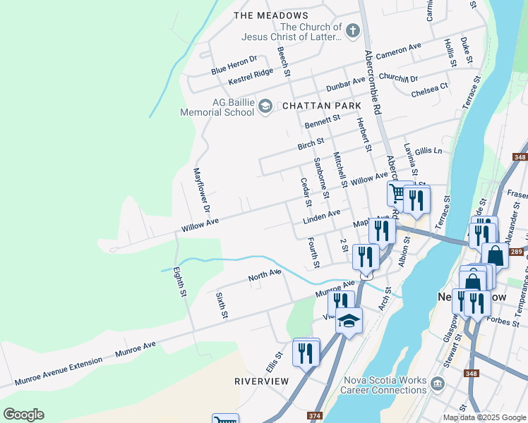 map of restaurants, bars, coffee shops, grocery stores, and more near 284 Willow Avenue in New Glasgow