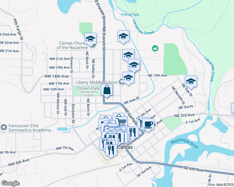 map of restaurants, bars, coffee shops, grocery stores, and more near 1527 Northeast Franklin Street in Camas