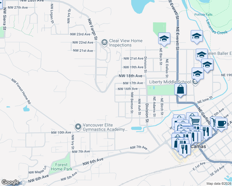 map of restaurants, bars, coffee shops, grocery stores, and more near 1510 Northwest Drake Street in Camas