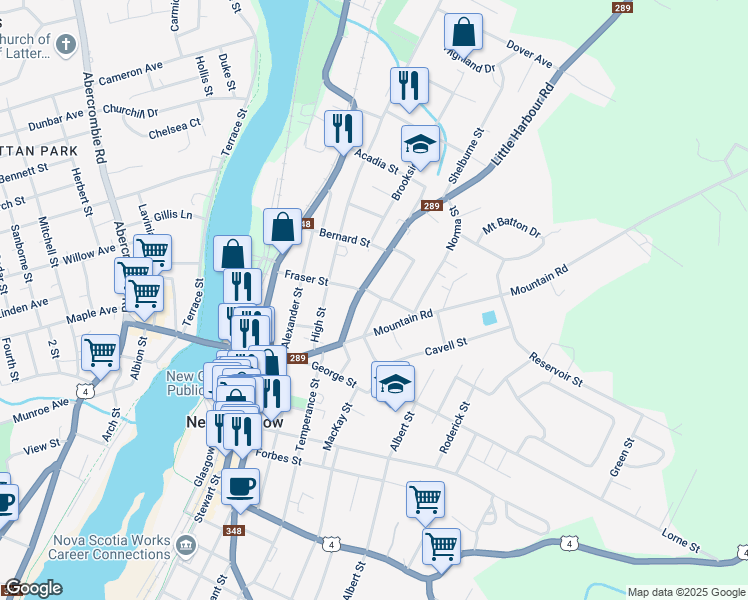 map of restaurants, bars, coffee shops, grocery stores, and more near 273 Fraser Street in New Glasgow