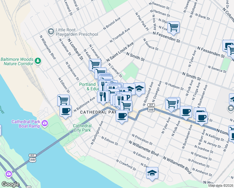 map of restaurants, bars, coffee shops, grocery stores, and more near 7518 North Burlington Avenue in Portland
