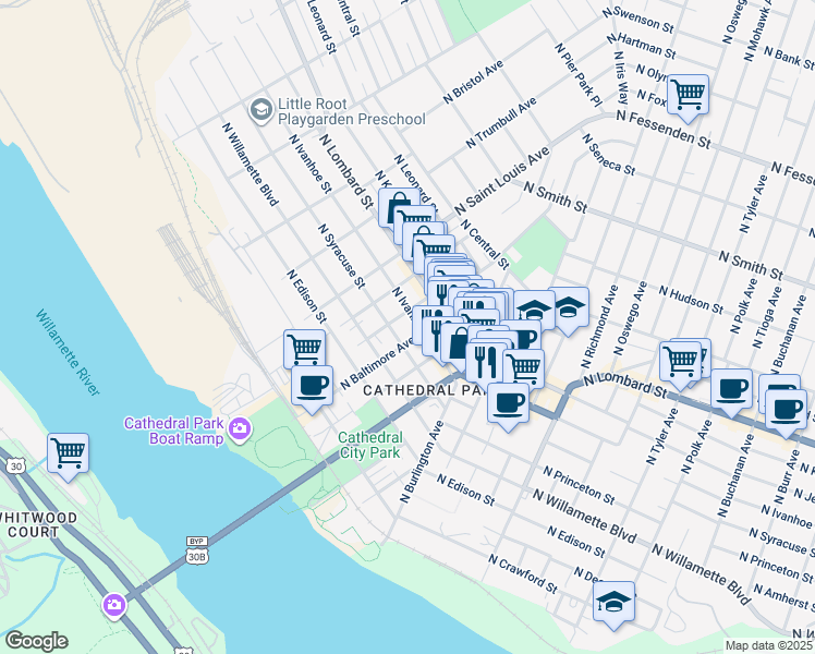 map of restaurants, bars, coffee shops, grocery stores, and more near 8820 North Ivanhoe Street in Portland