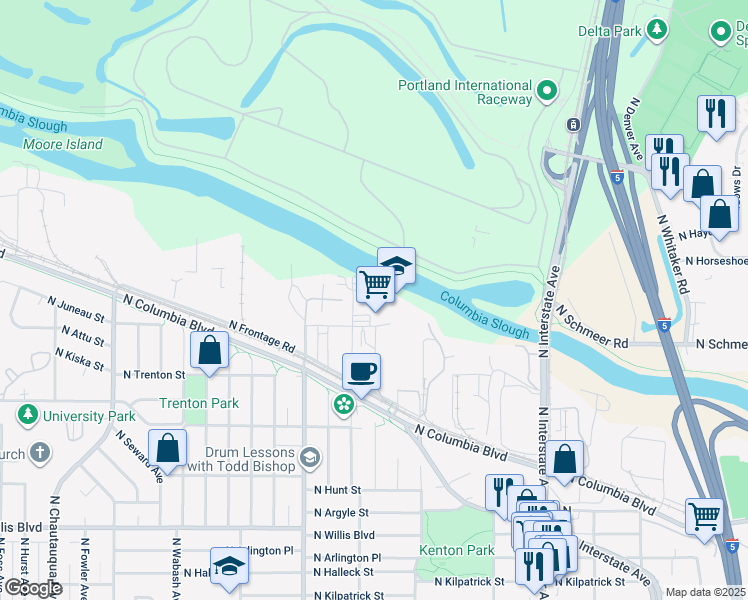 map of restaurants, bars, coffee shops, grocery stores, and more near 2701 North Newark Street in Portland