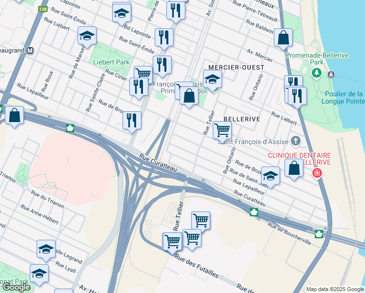 map of restaurants, bars, coffee shops, grocery stores, and more near 2205 Rue de Saint-Just in Montréal