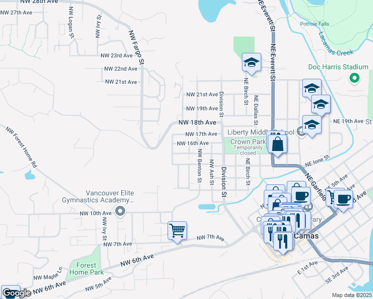 map of restaurants, bars, coffee shops, grocery stores, and more near 440 Northwest 16th Avenue in Camas
