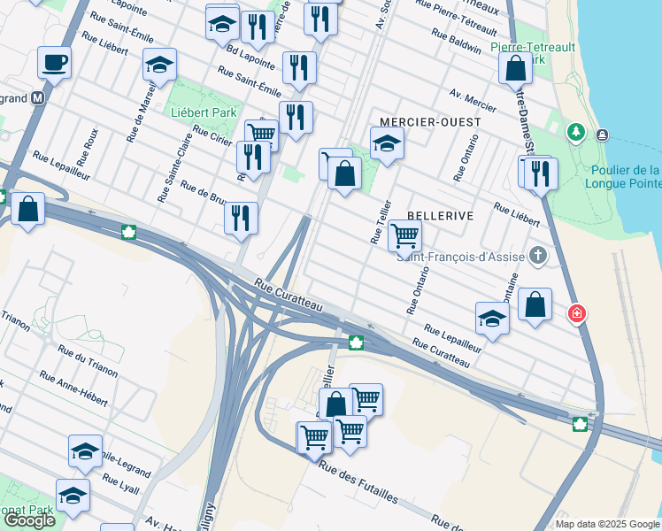 map of restaurants, bars, coffee shops, grocery stores, and more near 2205 Rue de Saint-Just in Montréal