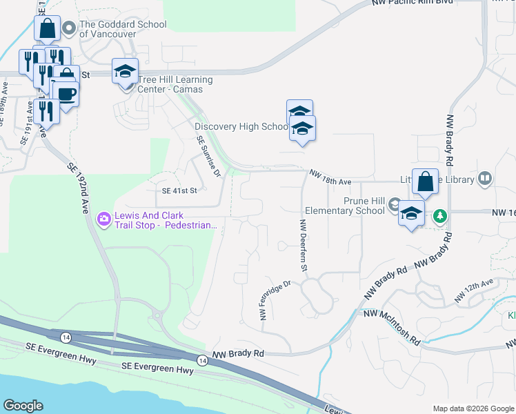 map of restaurants, bars, coffee shops, grocery stores, and more near 1597 Northwest Goodwin Street in Camas