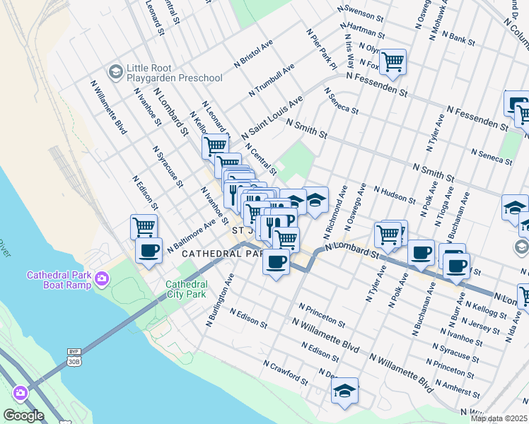 map of restaurants, bars, coffee shops, grocery stores, and more near 7518 North Burlington Avenue in Portland