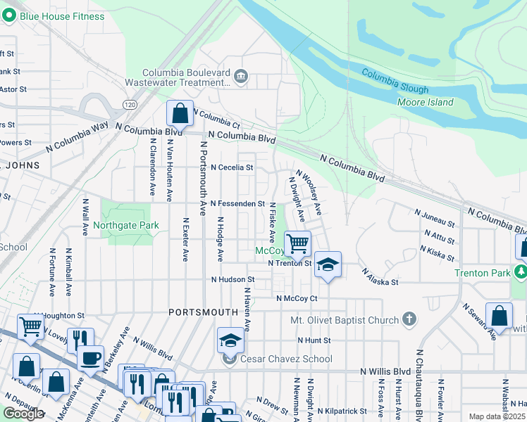 map of restaurants, bars, coffee shops, grocery stores, and more near 5004 North Fessenden Street in Portland