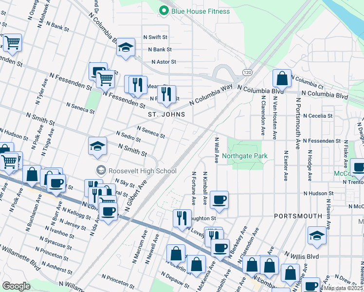 map of restaurants, bars, coffee shops, grocery stores, and more near 9418 North Macrum Avenue in Portland