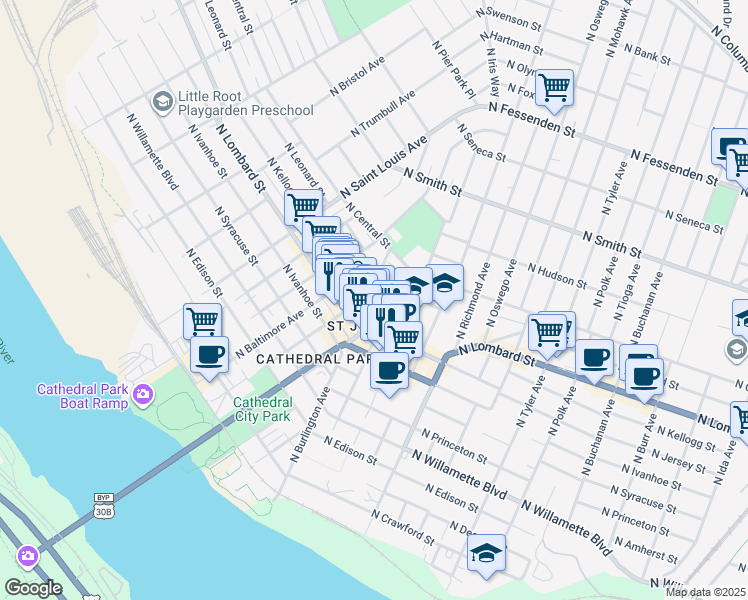 map of restaurants, bars, coffee shops, grocery stores, and more near 7518 North Burlington Avenue in Portland