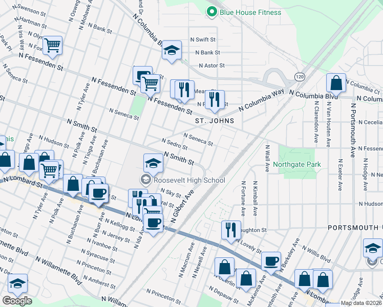 map of restaurants, bars, coffee shops, grocery stores, and more near 6842 North Sedro Street in Portland