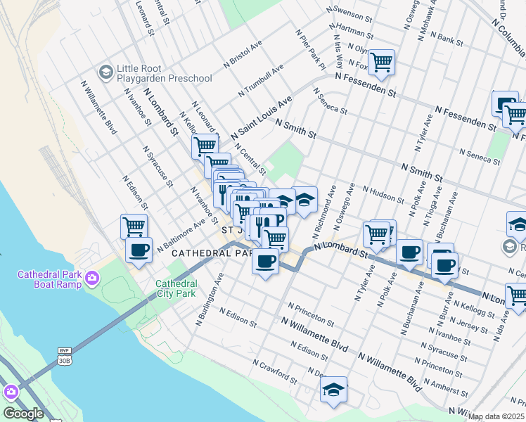 map of restaurants, bars, coffee shops, grocery stores, and more near 7525 North Leavitt Avenue in Portland