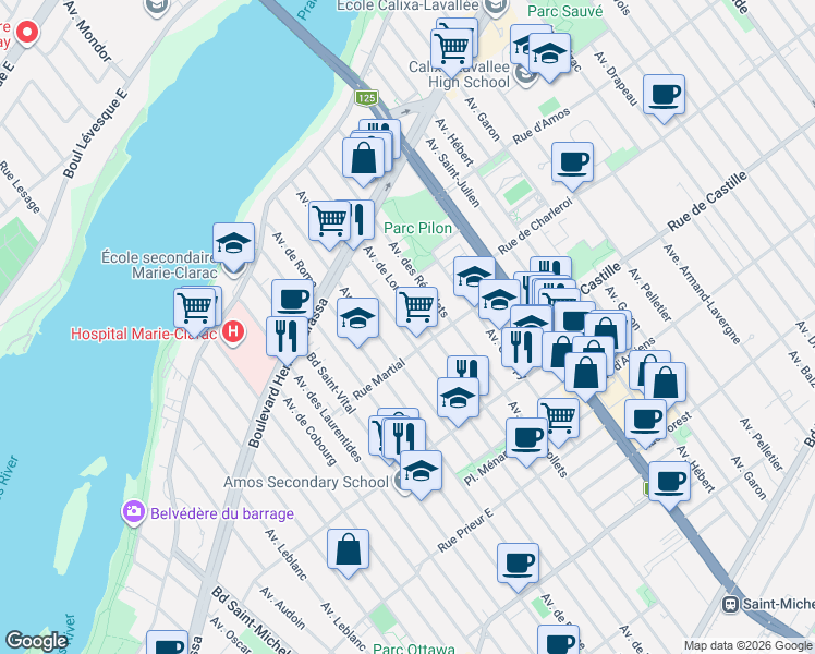 map of restaurants, bars, coffee shops, grocery stores, and more near 11057 Avenue de Paris in Montréal