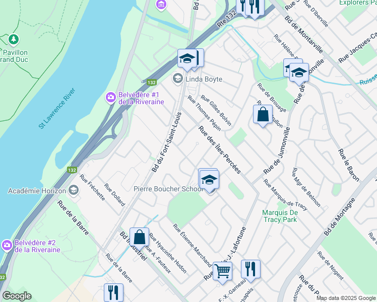 map of restaurants, bars, coffee shops, grocery stores, and more near 237 Rue Hugues Pommier in Boucherville