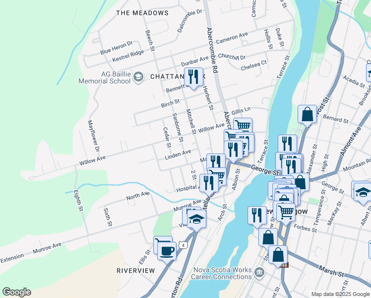 map of restaurants, bars, coffee shops, grocery stores, and more near 114 Sanborne Street in New Glasgow