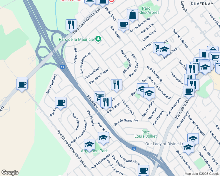 map of restaurants, bars, coffee shops, grocery stores, and more near 1535 Rue de Portneuf in Laval
