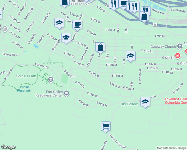 map of restaurants, bars, coffee shops, grocery stores, and more near 728 East 15th Street in The Dalles