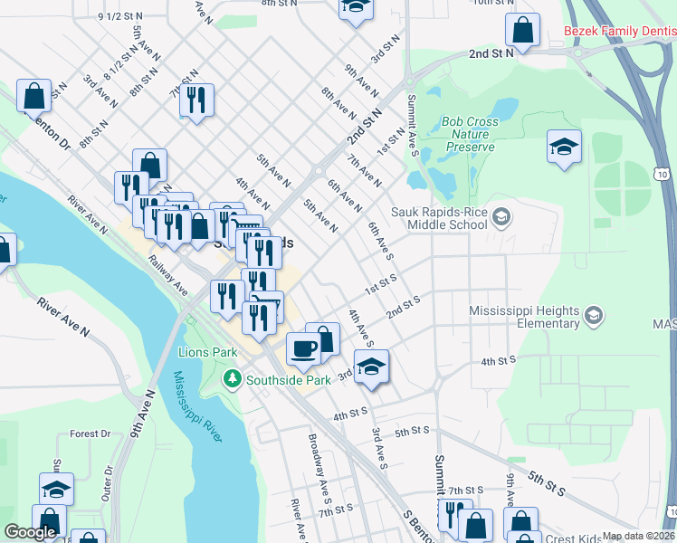 map of restaurants, bars, coffee shops, grocery stores, and more near 30 4th Avenue South in Sauk Rapids