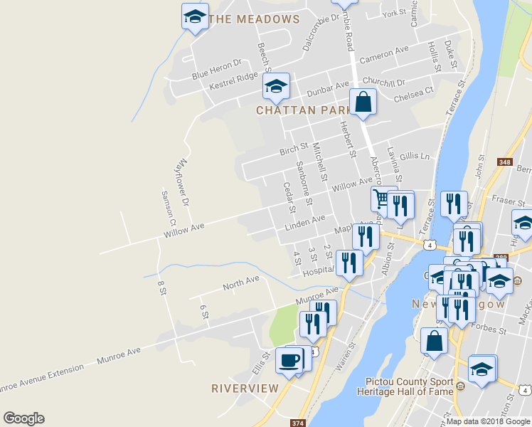 map of restaurants, bars, coffee shops, grocery stores, and more near 136 Pineview Crescent in New Glasgow
