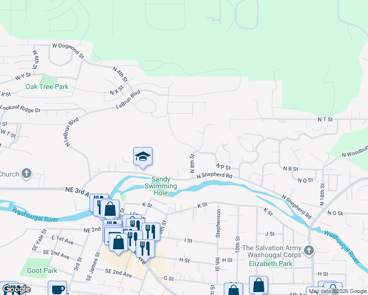 map of restaurants, bars, coffee shops, grocery stores, and more near 650 North R Street in Washougal