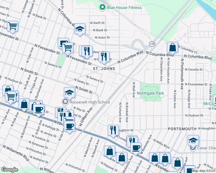 map of restaurants, bars, coffee shops, grocery stores, and more near 6626 North Seneca Street in Portland