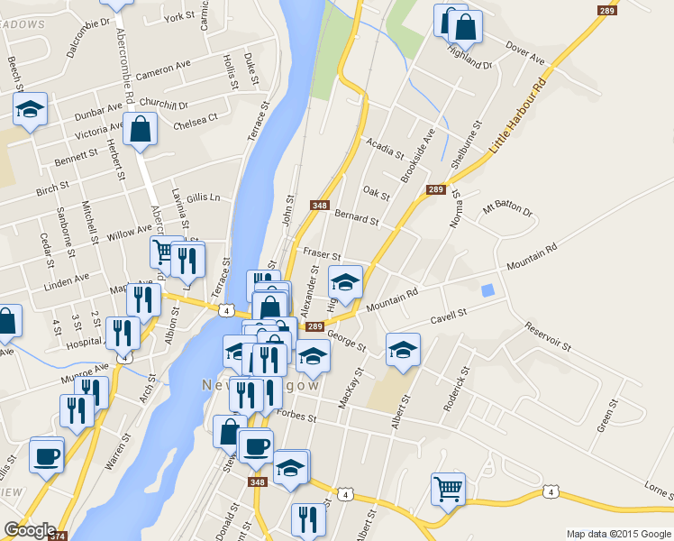 map of restaurants, bars, coffee shops, grocery stores, and more near 104 High Street in New Glasgow