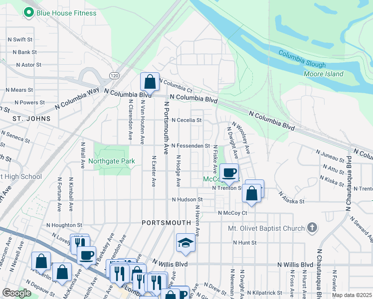 map of restaurants, bars, coffee shops, grocery stores, and more near 5102 North Fessenden Street in Portland