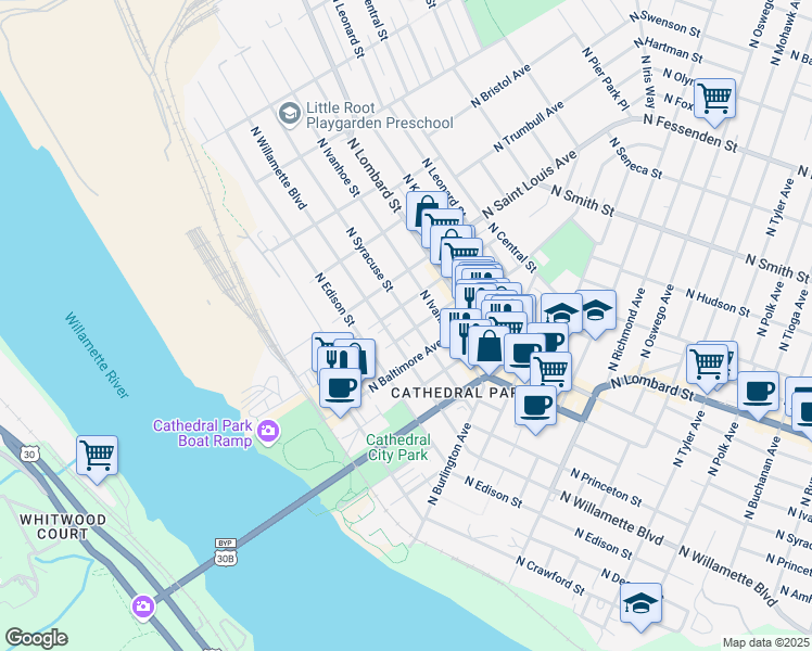 map of restaurants, bars, coffee shops, grocery stores, and more near 8910 North Syracuse Street in Portland