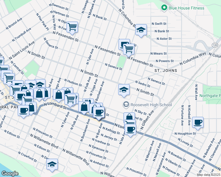 map of restaurants, bars, coffee shops, grocery stores, and more near 9121 North Burr Avenue in Portland