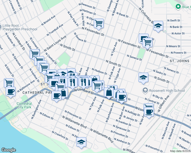 map of restaurants, bars, coffee shops, grocery stores, and more near 8539 North Allegheny Avenue in Portland