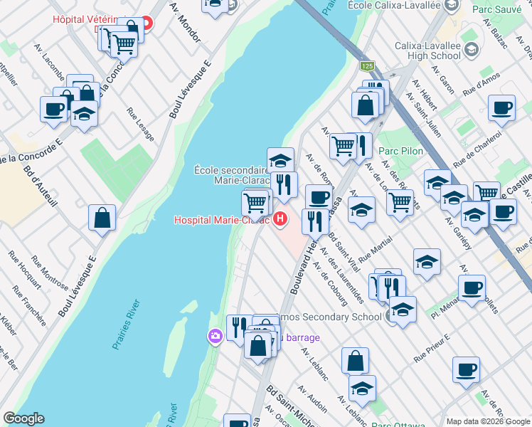 map of restaurants, bars, coffee shops, grocery stores, and more near 3551 Boulevard Gouin Est in Montréal