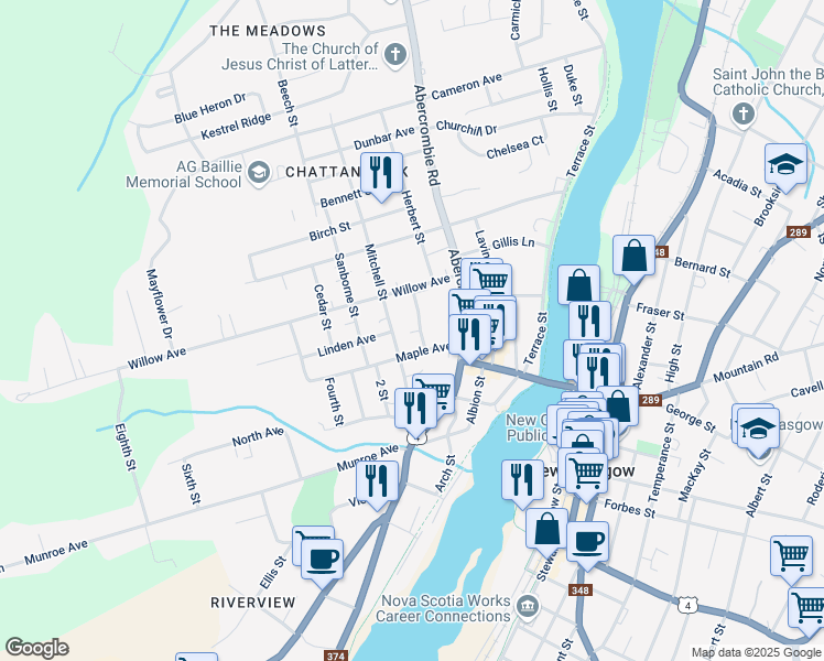 map of restaurants, bars, coffee shops, grocery stores, and more near 38 Morrow Street in New Glasgow