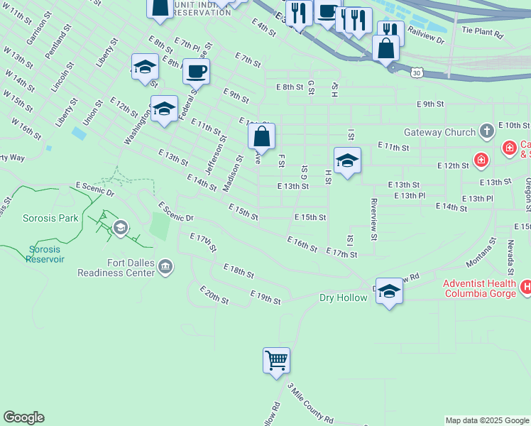 map of restaurants, bars, coffee shops, grocery stores, and more near 812 East 14th Street in The Dalles