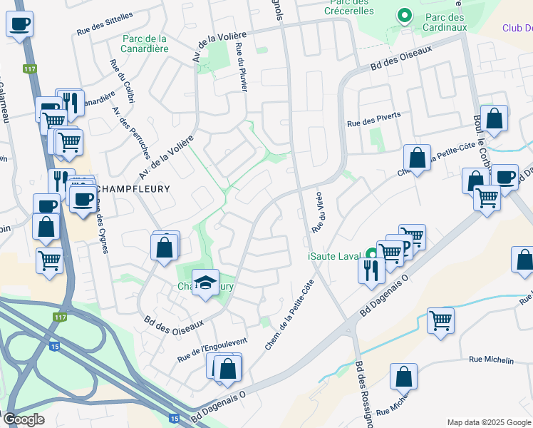 map of restaurants, bars, coffee shops, grocery stores, and more near 2450 Boulevard des Oiseaux in Laval