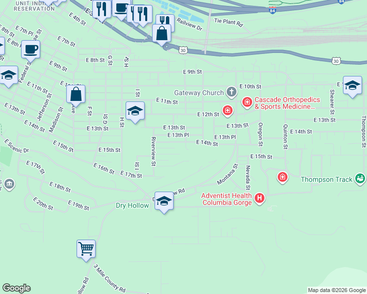map of restaurants, bars, coffee shops, grocery stores, and more near 1422 East 14th Street in The Dalles