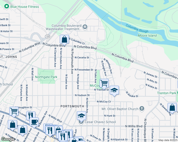 map of restaurants, bars, coffee shops, grocery stores, and more near 5004 North Fessenden Street in Portland