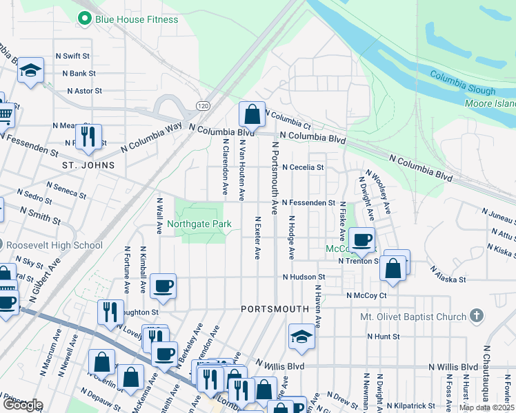map of restaurants, bars, coffee shops, grocery stores, and more near 9435 North Exeter Avenue in Portland