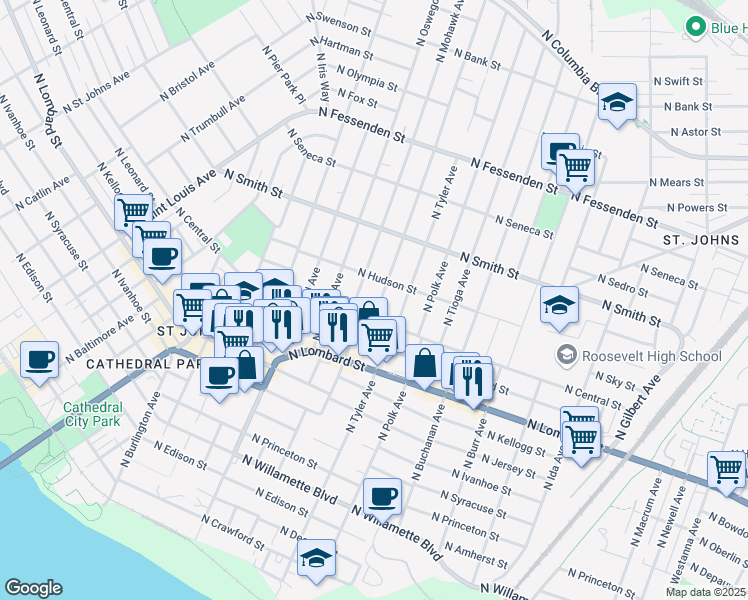 map of restaurants, bars, coffee shops, grocery stores, and more near 8539 North Allegheny Avenue in Portland