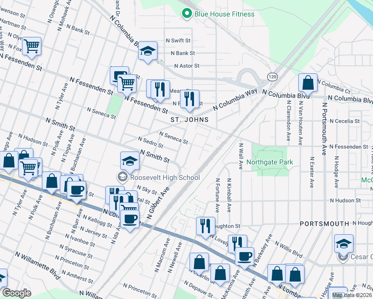 map of restaurants, bars, coffee shops, grocery stores, and more near 9317 North Minerva Avenue in Portland
